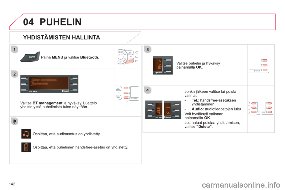CITROEN C-ZERO 2014 Omistajan Käsikirjat (in Finnish)
04
142
PUHELIN
PainaMENU ja valitse Bluetooth.
V
alitseBT management ja hyväksy. Luetteloyhdistetyistä puhelimista tulee näyttöön.
Osoittaa, että audioasetus on yhdistetty.
YHDIST CITROEN C-ZERO 2014 Omistajan Käsikirjat (in Finnish)
04
142
PUHELIN
PainaMENU ja valitse Bluetooth.
V
alitseBT management ja hyväksy. Luetteloyhdistetyistä puhelimista tulee näyttöön.
Osoittaa, että audioasetus on yhdistetty.
YHDIST