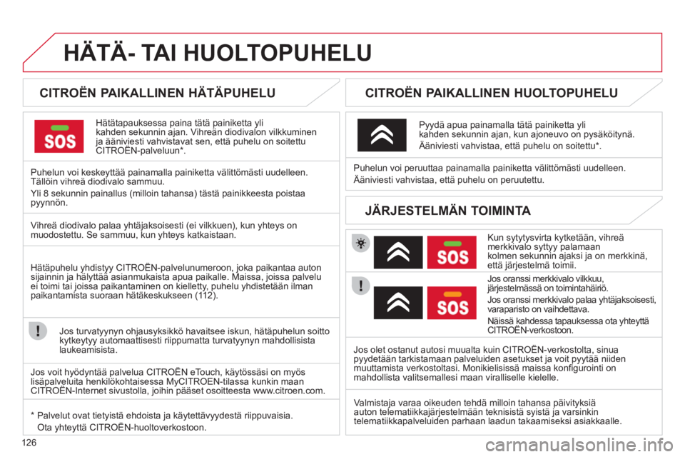 CITROEN C-ZERO 2012 Omistajan Käsikirjat (in Finnish) 126
HÄTÄ- TAI HUOLTOPUHELU
CITROËN PAIKALLINEN HÄTÄPUHELU
Hätätapauksessa paina tätä painiketta yli
kahden sekunnin ajan. Vihreän diodi CITROEN C-ZERO 2012 Omistajan Käsikirjat (in Finnish) 126
HÄTÄ- TAI HUOLTOPUHELU
CITROËN PAIKALLINEN HÄTÄPUHELU
Hätätapauksessa paina tätä painiketta yli
kahden sekunnin ajan. Vihreän diodi