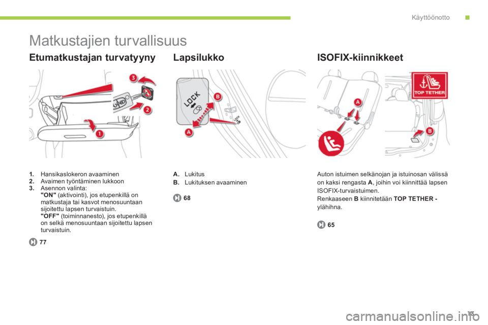CITROEN C-ZERO 2012 Omistajan Käsikirjat (in Finnish) .Käyttöönotto
13
Matkustajien turvallisuus
1.
Hansikaslokeron avaaminen
2.
Avaimen työntäminen lukkoon
3.
Asennon valinta:
"ON
"
(aktivointi), jos etupenkillä CITROEN C-ZERO 2012 Omistajan Käsikirjat (in Finnish) .Käyttöönotto
13
Matkustajien turvallisuus
1.
Hansikaslokeron avaaminen
2.
Avaimen työntäminen lukkoon
3.
Asennon valinta:
"ON
"
(aktivointi), jos etupenkillä