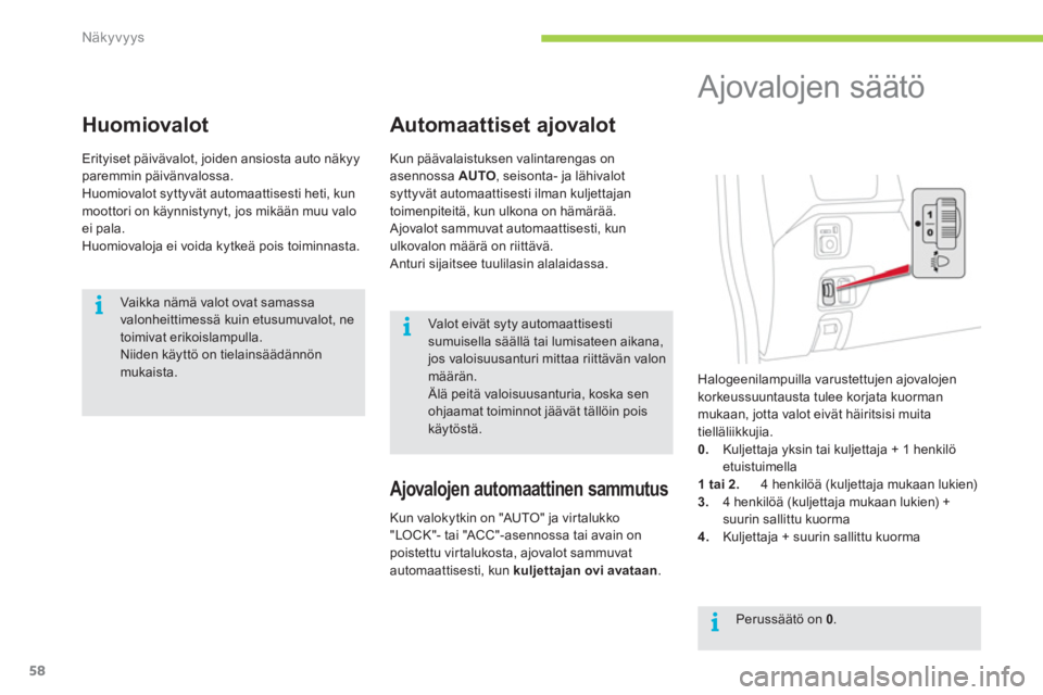 CITROEN C-ZERO 2012  Omistajan Käsikirjat (in Finnish) i
i
i
Näkyvyys
58
   
 
 
 
 
 
Huomiovalot 
 
Erityiset päivävalot, joiden ansiosta auto näkyy 
paremmin päivänvalossa. 
  Huomiovalot syttyvät automaattisesti heti, kun 
moottori on käynnist
