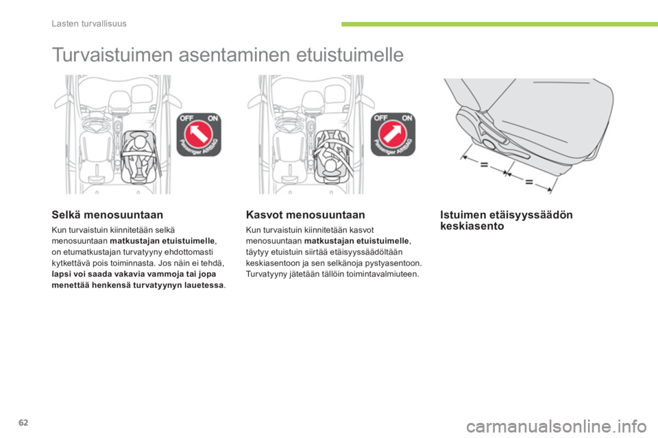 CITROEN C-ZERO 2012  Omistajan Käsikirjat (in Finnish) Lasten turvallisuus
62
  Turvaistuimen asentaminen etuistuimelle  
 
 
Selkä menosuuntaan 
 
Kun tur vaistuin kiinnitetään selkä 
menosuuntaan  matkustajan etuistuimelle 
, 
on etumatkustajan turv