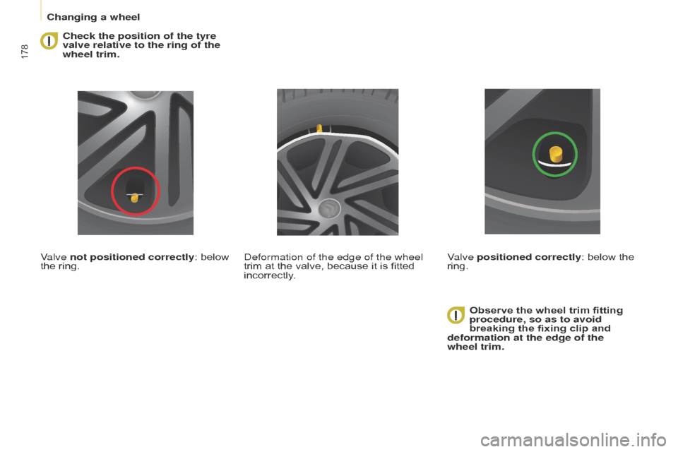 Citroen BERLINGO 2017 2.G Owners Manual 178
Berlingo2VP_en_Chap08_Aide-rapide_ed02-2016Berlingo2VP_en_Chap08_Aide-rapide_ed02-2016
Check the position of the tyre
valve relative to the ring of the
wheel trim.
Valve not positioned correctly Citroen BERLINGO 2017 2.G Owners Manual 178
Berlingo2VP_en_Chap08_Aide-rapide_ed02-2016Berlingo2VP_en_Chap08_Aide-rapide_ed02-2016
Check the position of the tyre
valve relative to the ring of the
wheel trim.
Valve not positioned correctly