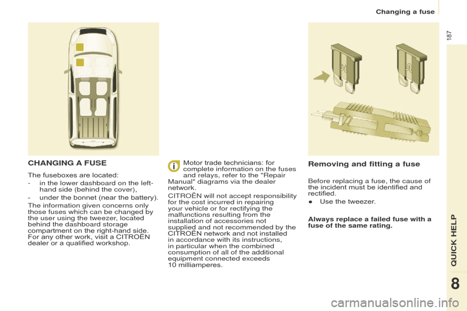 Citroen BERLINGO 2017 2.G Owners Manual 187
Berlingo2VP_en_Chap08_Aide-rapide_ed02-2016Berlingo2VP_en_Chap08_Aide-rapide_ed02-2016
CHANGING A FUSE
The fuseboxes are located:
-  
in the lower dashboard on the left-
hand side (behind the c