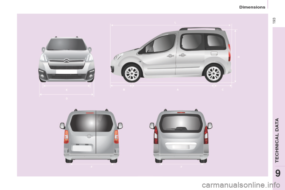 Citroen BERLINGO 2017 2.G Owners Manual  193
Berlingo2VP_en_Chap09_Caract-technique_ed02-2016Berlingo2VP_en_Chap09_Caract-technique_ed02-2016 
TECHNICAL DATA
9 
Dimensions  