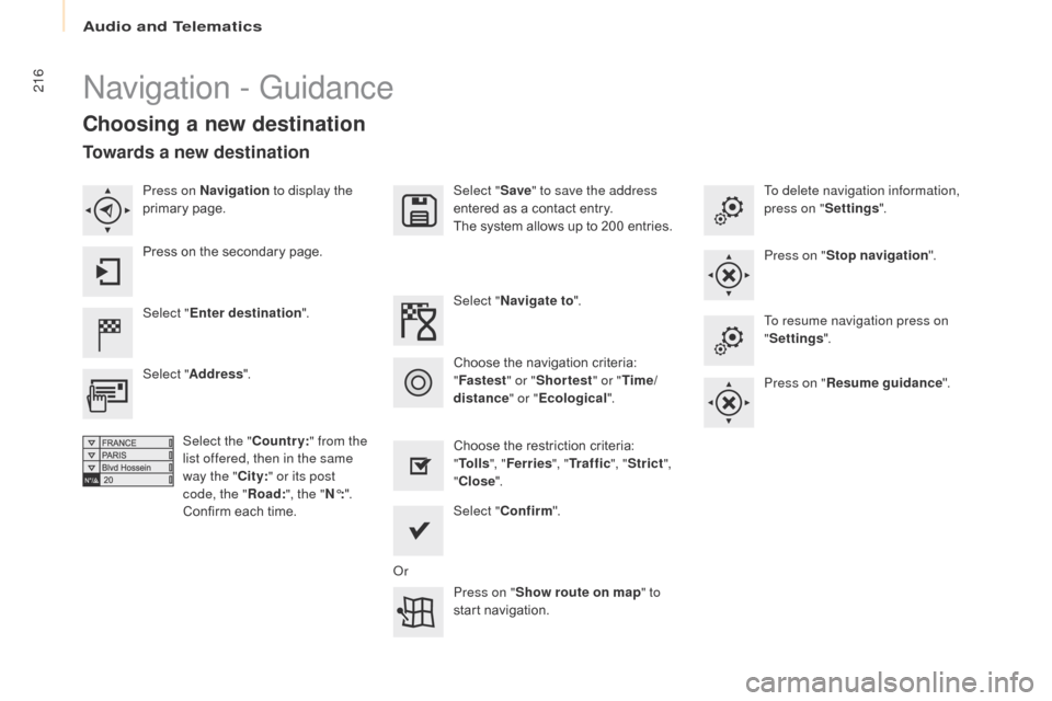 Citroen BERLINGO 2017 2.G Owners Manual 216
Berlingo2VP_en_Chap10a_SMEGplus_ed02-2016
Navigation - Guidance
Choosing a new destination
Select "Enter destination ". Select "
Save" to save the address
entered  as  a  contact  entry.
Citroen BERLINGO 2017 2.G Owners Manual 216
Berlingo2VP_en_Chap10a_SMEGplus_ed02-2016
Navigation - Guidance
Choosing a new destination
Select "Enter destination ". Select "
Save" to save the address
entered  as  a  contact  entry.