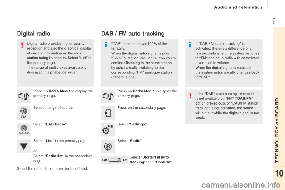 Citroen BERLINGO 2017 2.G Owners Manual  231
Berlingo2VP_en_Chap10a_SMEGplus_ed02-2016
Select change of source.
P ress on Radio Media
 to display the 
primary
 pag
 e.
Select " DAB Radio ".
Select " List"
  in   the   primary   page