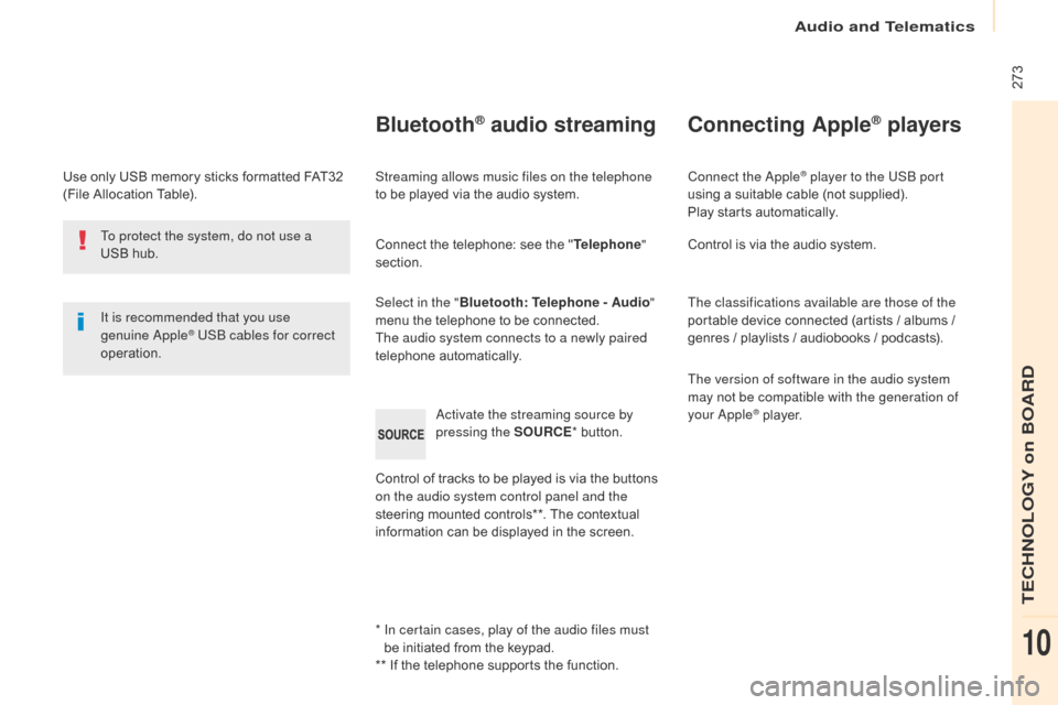 Citroen BERLINGO 2017 2.G Owners Manual  273
Berlingo2VP_en_Chap10b_RD45_ed02-2016
Use only USB memory sticks formatted FAT32 (File   Allocation   Table).
It is recommended that you use 
genuine Apple
® USB cables for correct 
op