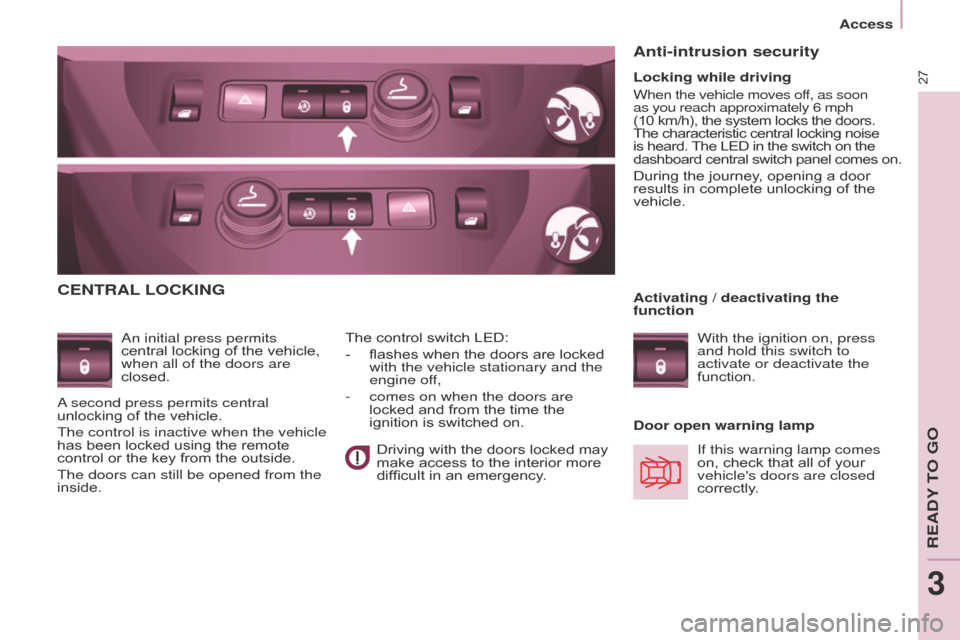 Citroen BERLINGO 2017 2.G Owners Manual 27
Berlingo2VP_en_Chap03_Pret-a-partir_ed02-2016
CENTRAL LOCKING
An initial press permits 
central
  locking   of   the   vehicle,  
when all of the doors are 
closed.
Door open warning lamp
The
