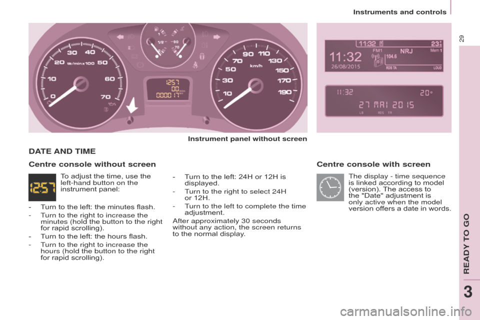 Citroen BERLINGO 2017 2.G Owners Guide 29
Berlingo2VP_en_Chap03_Pret-a-partir_ed02-2016
Instruments and controls
Berlingo2VP_en_Chap03_Pret-a-partir_ed02-2016
Centre console with screen
Instrument panel without screen
-
 
T
 urn   to   