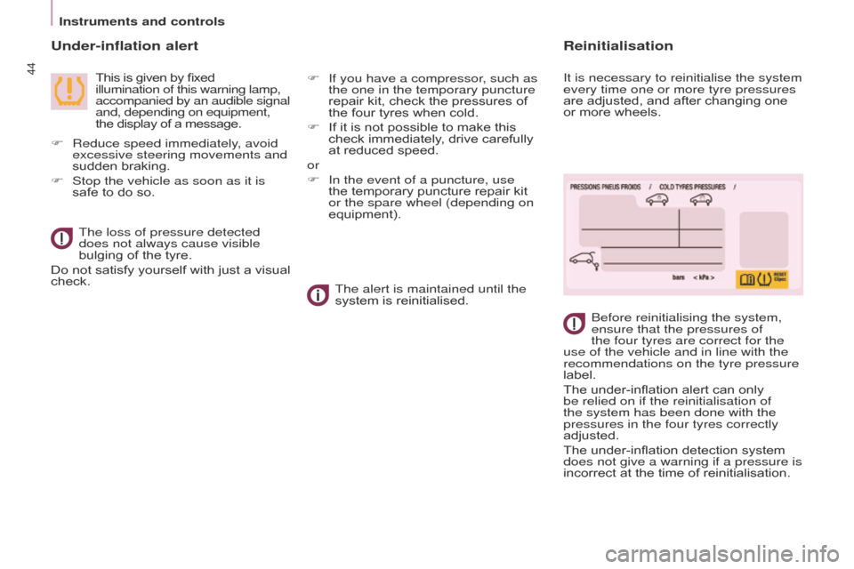 Citroen BERLINGO 2017 2.G Service Manual 44
Berlingo2VP_en_Chap03_Pret-a-partir_ed02-2016
Instruments and controls
Berlingo2VP_en_Chap03_Pret-a-partir_ed02-2016
Under-inflation alert
This is given by fixed illumination of this warning l