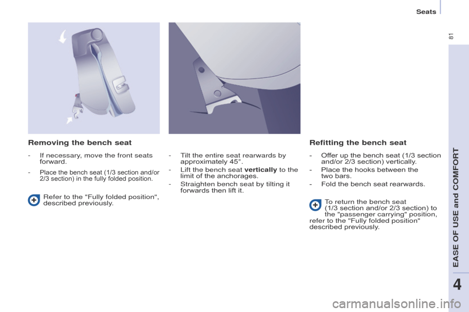 Citroen BERLINGO 2017 2.G Owners Manual  81
Berlingo2VP_en_Chap04_Ergonomie_ed02-2016Berlingo2VP_en_Chap04_Ergonomie_ed02-2016
Removing the bench seatRefitting the bench seat
Refer to the "Fully folded position", 
described
  previously. T