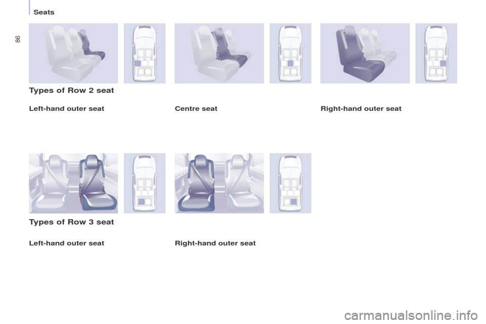 Citroen BERLINGO 2017 2.G Manual Online 86
Berlingo2VP_en_Chap04_Ergonomie_ed02-2016Berlingo2VP_en_Chap04_Ergonomie_ed02-2016
Left-hand outer seat
Types of Row 2 seat
Types of Row 3 seat
Centre seatRight-hand outer seat
Right-hand outer sea