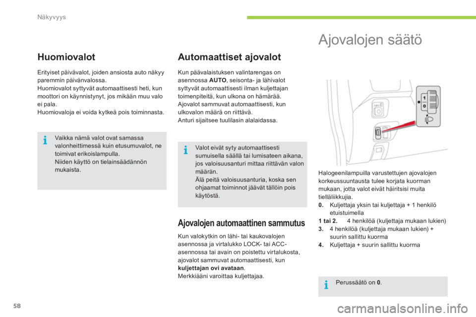 CITROEN C-ZERO 2011  Omistajan Käsikirjat (in Finnish) i
i
i
Näkyvyys
58
Huomiovalot 
Erityiset päivävalot, joiden ansiosta auto näkyy paremmin päivänvalossa.Huomiovalot syttyvät automaattisesti heti, kunmoottori on käynnistynyt, jos mikään muu 