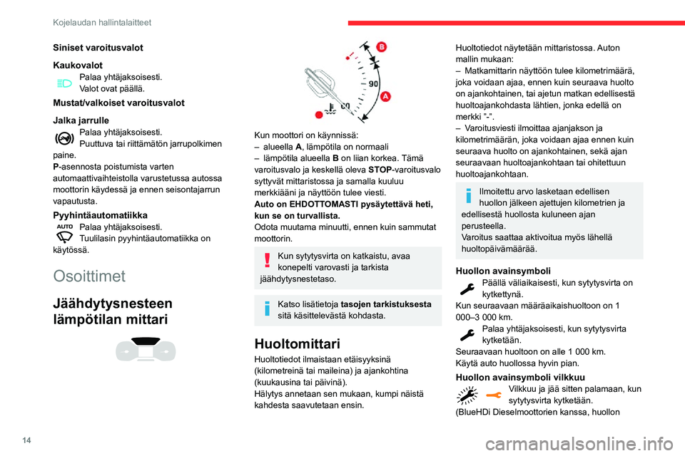 CITROEN C3 AIRCROSS 2021  Omistajan Käsikirjat (in Finnish) 14
Kojelaudan hallintalaitteet
Siniset varoitusvalot
Kaukovalot
Palaa yhtäjaksoisesti.Valot ovat päällä.
Mustat/valkoiset varoitusvalot
Jalka jarrulle
Palaa yhtäjaksoisesti.Puuttuva tai riittäm�