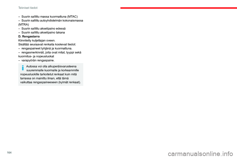 CITROEN C3 AIRCROSS 2021 Omistajan Käsikirjat (in Finnish) 164
Tekniset tiedot
– Suurin sallittu massa kuormattuna (MTAC)– Suurin sallittu autoyhdistelmän kokonaismassa (MTRA)– Suurin sallittu akselipaino edessä– Suurin sallittu akselipaino takanaD. CITROEN C3 AIRCROSS 2021 Omistajan Käsikirjat (in Finnish) 164
Tekniset tiedot
– Suurin sallittu massa kuormattuna (MTAC)– Suurin sallittu autoyhdistelmän kokonaismassa (MTRA)– Suurin sallittu akselipaino edessä– Suurin sallittu akselipaino takanaD.