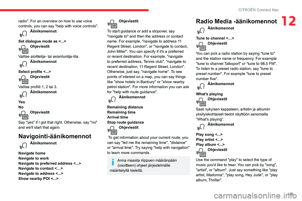 CITROEN C3 AIRCROSS 2021  Omistajan Käsikirjat (in Finnish) 195
CITROËN Connect Nav
12radio". For an overview on how to use voice 
controls, you can say "help with voice controls". 
Äänikomennot 
Set dialogue mode as <...> 
Ohjeviestit 
Valitse 