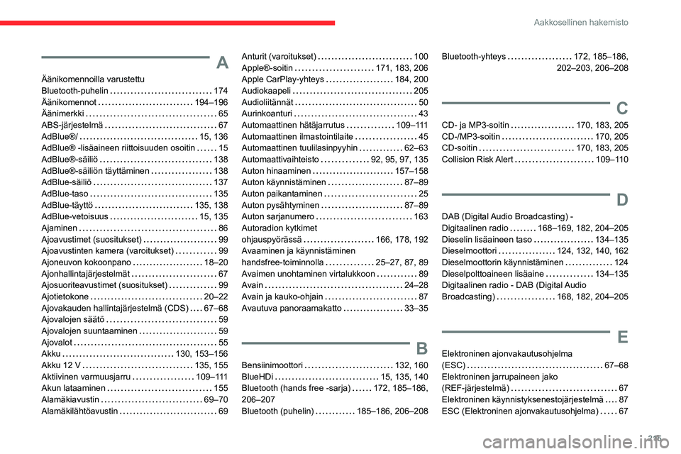 CITROEN C3 AIRCROSS 2021 Omistajan Käsikirjat (in Finnish) 215
Aakkosellinen hakemisto
A
Äänikomennoilla varustettu Bluetooth-puhelin 174Äänikomennot 194–196Äänimerkki 65ABS-järjestelmä 67AdBlue®/ 15, 136AdBlue® -lisäaineen riittoisuud CITROEN C3 AIRCROSS 2021 Omistajan Käsikirjat (in Finnish) 215
Aakkosellinen hakemisto
A
Äänikomennoilla varustettu Bluetooth-puhelin 174Äänikomennot 194–196Äänimerkki 65ABS-järjestelmä 67AdBlue®/ 15, 136AdBlue® -lisäaineen riittoisuud