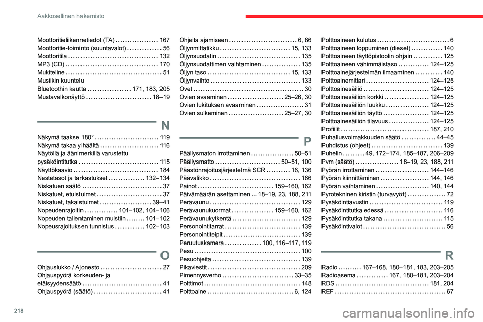 CITROEN C3 AIRCROSS 2021 Omistajan Käsikirjat (in Finnish) 218
Aakkosellinen hakemisto
Moottoritieliikennetiedot (TA) 167Moottoritie-toiminto (suuntavalot) 56Moottoritila 132MP3 (CD) 170Mukiteline 51Musiikin kuuntelu Bluetoothin kautta 171, 183, CITROEN C3 AIRCROSS 2021 Omistajan Käsikirjat (in Finnish) 218
Aakkosellinen hakemisto
Moottoritieliikennetiedot (TA) 167Moottoritie-toiminto (suuntavalot) 56Moottoritila 132MP3 (CD) 170Mukiteline 51Musiikin kuuntelu Bluetoothin kautta 171, 183,