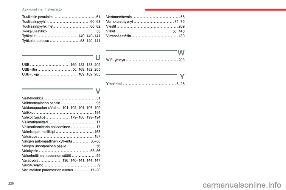 CITROEN C3 AIRCROSS 2021  Omistajan Käsikirjat (in Finnish) 220
Aakkosellinen hakemisto
Tuulilasin pesulaite   61Tuulilasinpyyhin   60, 63Tuulilasinpyyhkimet   60, 62Työkalulaatikko   53Työkalut   140, 140–141Työkalut autossa   53, 140–141
U
USB   169, 