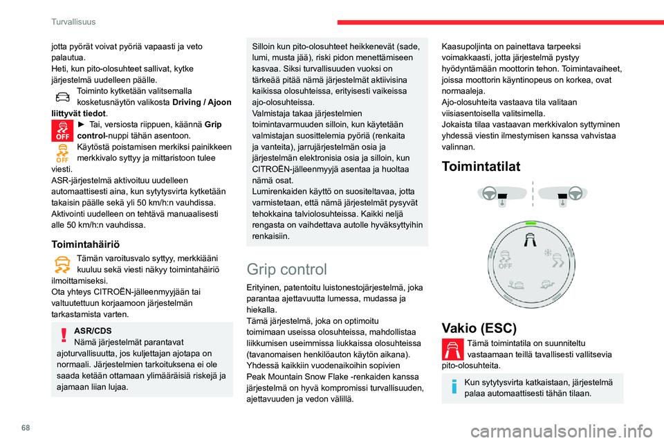 CITROEN C3 AIRCROSS 2021 Omistajan Käsikirjat (in Finnish) 68
Turvallisuus
jotta pyörät voivat pyöriä vapaasti ja veto
palautua.
Heti, kun pito-olosuhteet sallivat, kytke
järjestelmä uudelleen päälle.
Toiminto kytketään valitsemalla kosketusnäytà CITROEN C3 AIRCROSS 2021 Omistajan Käsikirjat (in Finnish) 68
Turvallisuus
jotta pyörät voivat pyöriä vapaasti ja veto
palautua.
Heti, kun pito-olosuhteet sallivat, kytke
järjestelmä uudelleen päälle.
Toiminto kytketään valitsemalla kosketusnäytÃ