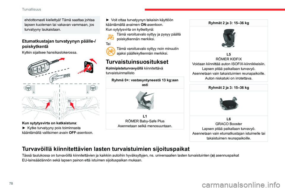 CITROEN C3 AIRCROSS 2021  Omistajan Käsikirjat (in Finnish) 78
Turvallisuus
ehdottomasti kiellettyä! Tämä saattaa johtaa 
lapsen kuoleman tai vakavan vammaan, jos 
turvatyyny laukaistaan.
Etumatkustajan turvatyynyn päälle-/
poiskytkentä
Kytkin sijaitsee 