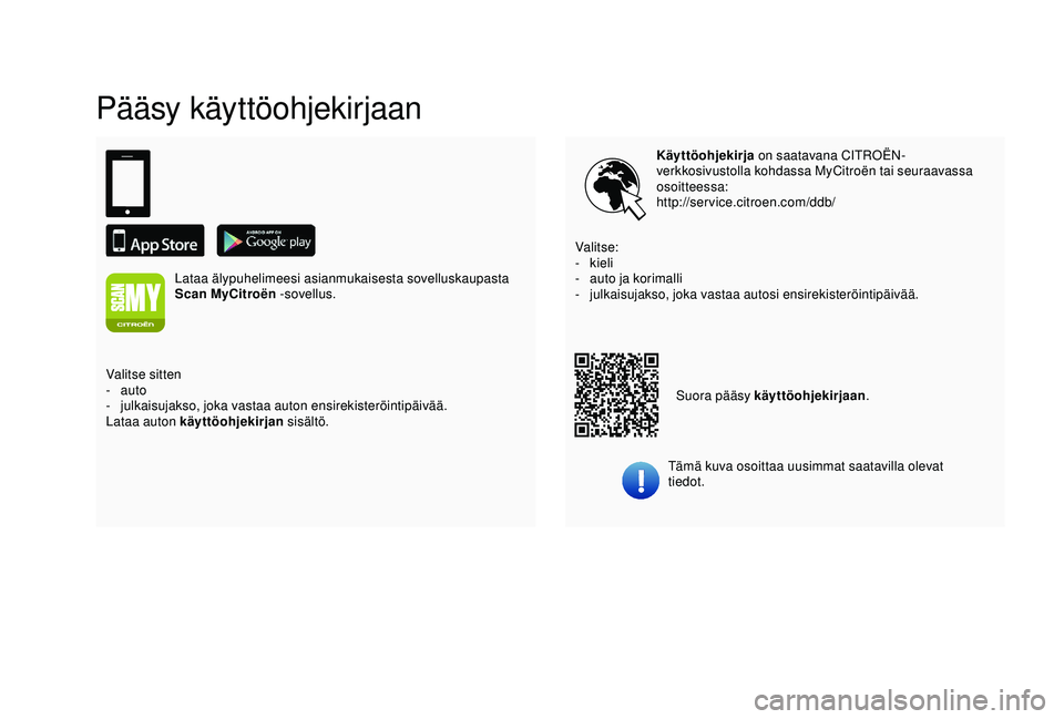 CITROEN C3 AIRCROSS 2019 Omistajan Käsikirjat (in Finnish) Pääsy käyttöohjekirjaan
Käyttöohjekirja on saatavana CITROËN-
verkkosivustolla kohdassa MyCitroën tai seuraavassa
osoitteessa:
http://service.citroen.com/ddb/
Tämä kuva osoittaa uusimmat sa CITROEN C3 AIRCROSS 2019 Omistajan Käsikirjat (in Finnish) Pääsy käyttöohjekirjaan
Käyttöohjekirja on saatavana CITROËN-
verkkosivustolla kohdassa MyCitroën tai seuraavassa
osoitteessa:
http://service.citroen.com/ddb/
Tämä kuva osoittaa uusimmat sa