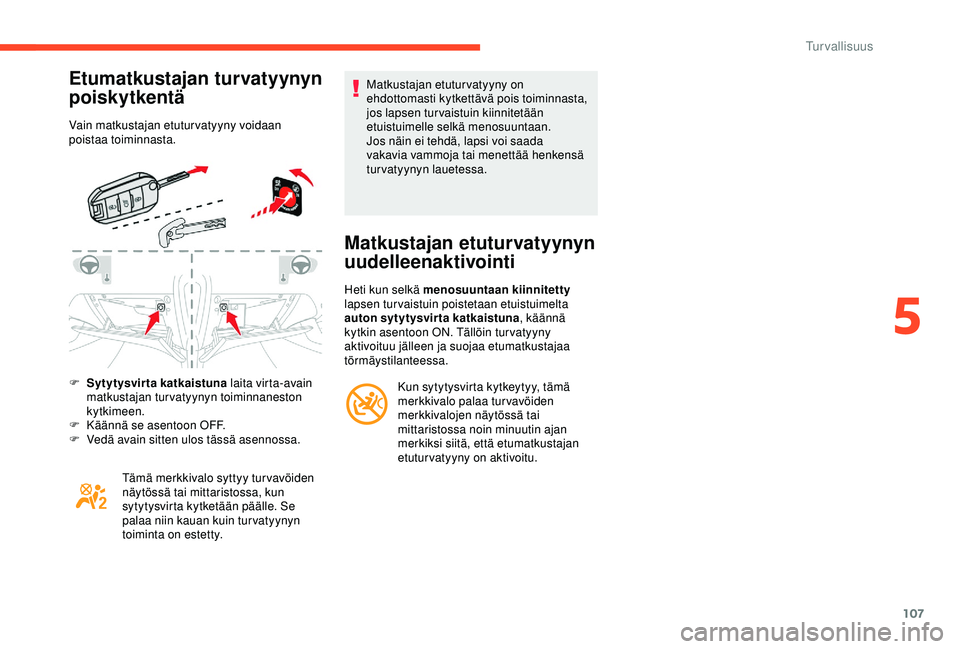 CITROEN C3 AIRCROSS 2019  Omistajan Käsikirjat (in Finnish) 107
Etumatkustajan turvatyynyn 
poiskytkentä
Vain matkustajan etuturvatyyny voidaan 
poistaa toiminnasta.
F 
S
 ytytysvirta katkaistuna  laita virta-avain 
matkustajan turvatyynyn toiminnaneston 
kyt