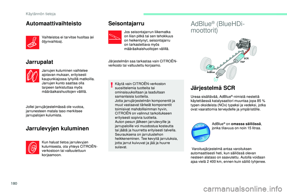CITROEN C3 AIRCROSS 2019 Omistajan Käsikirjat (in Finnish) 180
Automaattivaihteisto
Vaihteistoa ei tar vitse huoltaa (ei
öljynvaihtoa).
Jarrupalat
Jarrujen kuluminen vaihtelee
ajotavan mukaan, erityisesti
kaupunkiajossa lyhyillä matkoilla.
Jarrujen kunt CITROEN C3 AIRCROSS 2019 Omistajan Käsikirjat (in Finnish) 180
Automaattivaihteisto
Vaihteistoa ei tar vitse huoltaa (ei
öljynvaihtoa).
Jarrupalat
Jarrujen kuluminen vaihtelee
ajotavan mukaan, erityisesti
kaupunkiajossa lyhyillä matkoilla.
Jarrujen kunt