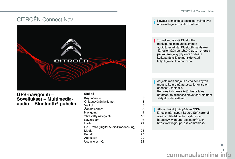 CITROEN C3 AIRCROSS 2019 Omistajan Käsikirjat (in Finnish) 1
CITROËN Connect Nav
GPS-navigointi –
Sovellukset – Multimedia-
audio – Bluetooth
®-puhelin
Sisältö
Käyttöönotto
2
O
hjauspyörän kytkimet
3
V
alikot
3
Ä
änikomennot
5
N
avig CITROEN C3 AIRCROSS 2019 Omistajan Käsikirjat (in Finnish) 1
CITROËN Connect Nav
GPS-navigointi –
Sovellukset – Multimedia-
audio – Bluetooth
®-puhelin
Sisältö
Käyttöönotto
2
O
hjauspyörän kytkimet
3
V
alikot
3
Ä
änikomennot
5
N
avig