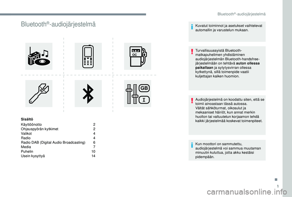 CITROEN C3 AIRCROSS 2019 Omistajan Käsikirjat (in Finnish) 1
Bluetooth®-audiojärjestelmä
Sisältö
Käyttöönotto
2
O
hjauspyörän kytkimet
2
V
alikot
4
R
adio 4
Radio DAB (Digital Audio Broadcasting)
6
M
edia 7
Puhelin
10
Usein kysyttyä CITROEN C3 AIRCROSS 2019 Omistajan Käsikirjat (in Finnish) 1
Bluetooth®-audiojärjestelmä
Sisältö
Käyttöönotto
2
O
hjauspyörän kytkimet
2
V
alikot
4
R
adio 4
Radio DAB (Digital Audio Broadcasting)
6
M
edia 7
Puhelin
10
Usein kysyttyä