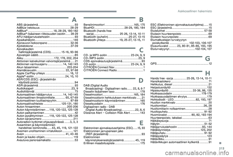 CITROEN C3 AIRCROSS 2019 Omistajan Käsikirjat (in Finnish) 213
AABS-järjestelmä .............................................. 93
AdBlue-vetoisuus ...................................... 28-29
AdBlue
® ................................ 18, 28-29, 18 0 -182 CITROEN C3 AIRCROSS 2019 Omistajan Käsikirjat (in Finnish) 213
AABS-järjestelmä .............................................. 93
AdBlue-vetoisuus ...................................... 28-29
AdBlue
® ................................ 18, 28-29, 18 0 -182