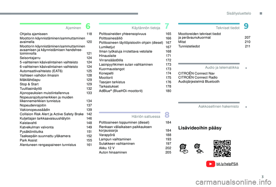 CITROEN C3 AIRCROSS 2019  Omistajan Käsikirjat (in Finnish) 3
.
.
bit.ly/helpPSA
Ohjeita ajamiseen 118
Moottorin käynnistäminen/sammuttaminen 
avaimella
 

120
Moottorin käynnistäminen/sammuttaminen 
avaamisen ja käynnistämisen handsfree-
toiminnolla
 1
