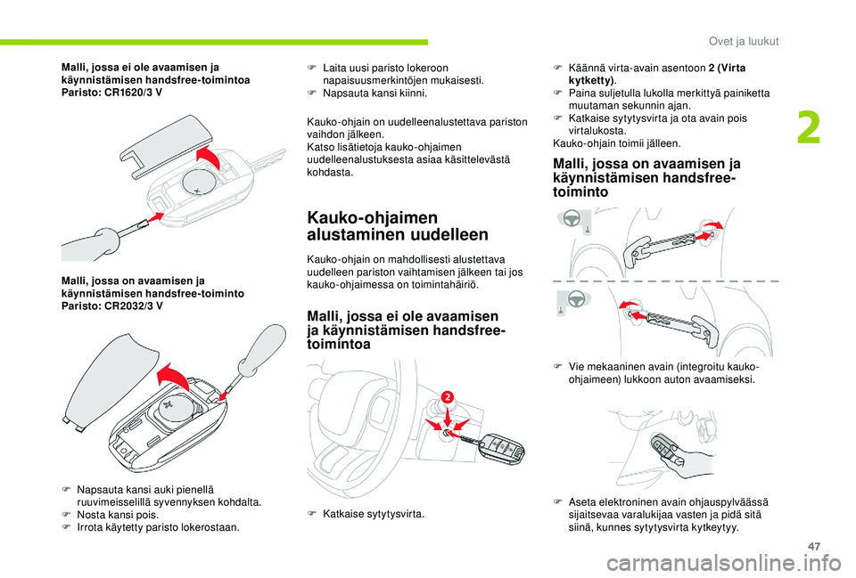 CITROEN C3 AIRCROSS 2019  Omistajan Käsikirjat (in Finnish) 47
Malli, jossa on avaamisen ja 
käynnistämisen handsfree-toiminto
Paristo: CR2032/3  V F
 
L
 aita uusi paristo lokeroon 
napaisuusmerkintöjen mukaisesti.
F  
N
 apsauta kansi kiinni.
Kauko-ohjain