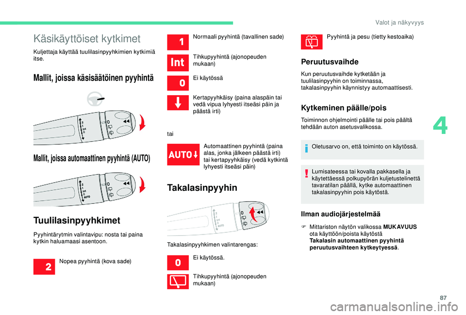 CITROEN C3 AIRCROSS 2019 Omistajan Käsikirjat (in Finnish) 87
Käsikäyttöiset kytkimet
Kuljettaja käyttää tuulilasinpyyhkimien kytkimiä
itse.
Mallit, joissa käsisäätöinen pyyhintä
Mallit, joissa automaattinen pyyhintä (AUTO)
Tuulilasinpyyhkimet
P CITROEN C3 AIRCROSS 2019 Omistajan Käsikirjat (in Finnish) 87
Käsikäyttöiset kytkimet
Kuljettaja käyttää tuulilasinpyyhkimien kytkimiä
itse.
Mallit, joissa käsisäätöinen pyyhintä
Mallit, joissa automaattinen pyyhintä (AUTO)
Tuulilasinpyyhkimet
P