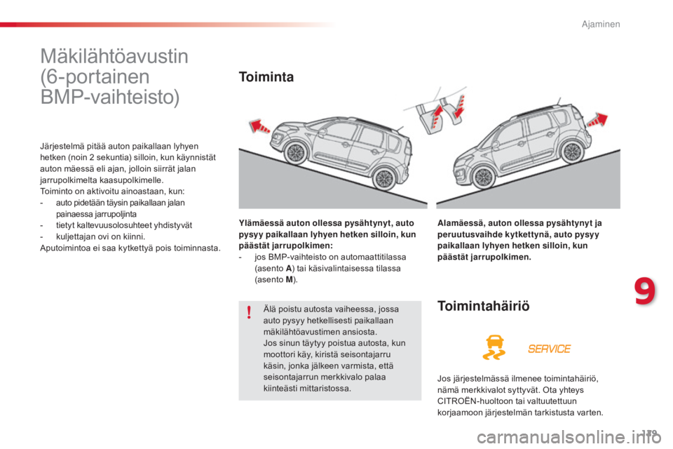 CITROEN C3 PICASSO 2015 Omistajan Käsikirjat (in Finnish) 129
C3Picasso_fi_Chap09_conduite_ed01-2014
Mäkilähtöavustin
(6-portainen
BMP-vaihteisto)
Järjestelmä pitää auton paikallaan lyhyen
hetken (noin 2
sekuntia) silloin, kun käynnistät
au CITROEN C3 PICASSO 2015 Omistajan Käsikirjat (in Finnish) 129
C3Picasso_fi_Chap09_conduite_ed01-2014
Mäkilähtöavustin
(6-portainen
BMP-vaihteisto)
Järjestelmä pitää auton paikallaan lyhyen
hetken (noin 2
sekuntia) silloin, kun käynnistät
au