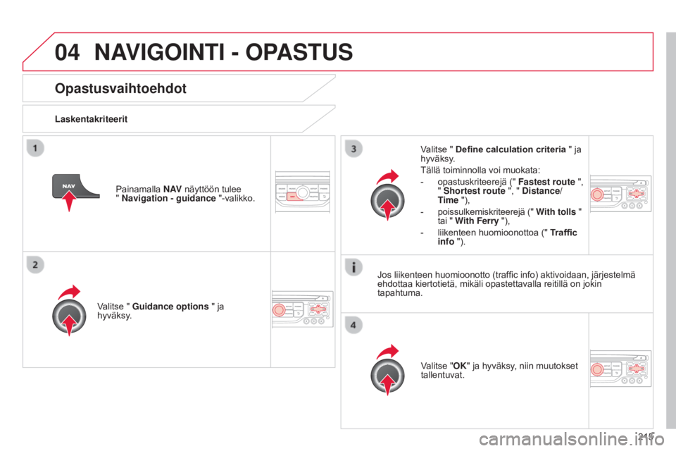 CITROEN C3 PICASSO 2015 Omistajan Käsikirjat (in Finnish) 04
215
C3Picasso_fi_Chap13b_RT6-2-8_ed01-2014
Opastusvaihtoehdot
LaskentakriteeritValitse " Guidance options " ja
hyväksy.
Valitse "OK" ja hyväksy, niin muutokset
tallentuvat.
Val CITROEN C3 PICASSO 2015 Omistajan Käsikirjat (in Finnish) 04
215
C3Picasso_fi_Chap13b_RT6-2-8_ed01-2014
Opastusvaihtoehdot
LaskentakriteeritValitse " Guidance options " ja
hyväksy.
Valitse "OK" ja hyväksy, niin muutokset
tallentuvat.
Val