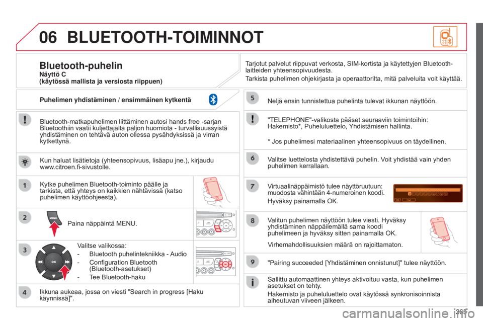 CITROEN C3 PICASSO 2015 Omistajan Käsikirjat (in Finnish) 06
265
C3Picasso_fi_Chap13c_RD45_ed01_2014
BLUETOOTH-TOIMINNOT
Bluetooth-matkapuhelimen liittäminen autosi hands free -sarjan
Bluetoothiin vaatii kuljettajalta paljon huomiota - turvallisuussyistä CITROEN C3 PICASSO 2015 Omistajan Käsikirjat (in Finnish) 06
265
C3Picasso_fi_Chap13c_RD45_ed01_2014
BLUETOOTH-TOIMINNOT
Bluetooth-matkapuhelimen liittäminen autosi hands free -sarjan
Bluetoothiin vaatii kuljettajalta paljon huomiota - turvallisuussyistä