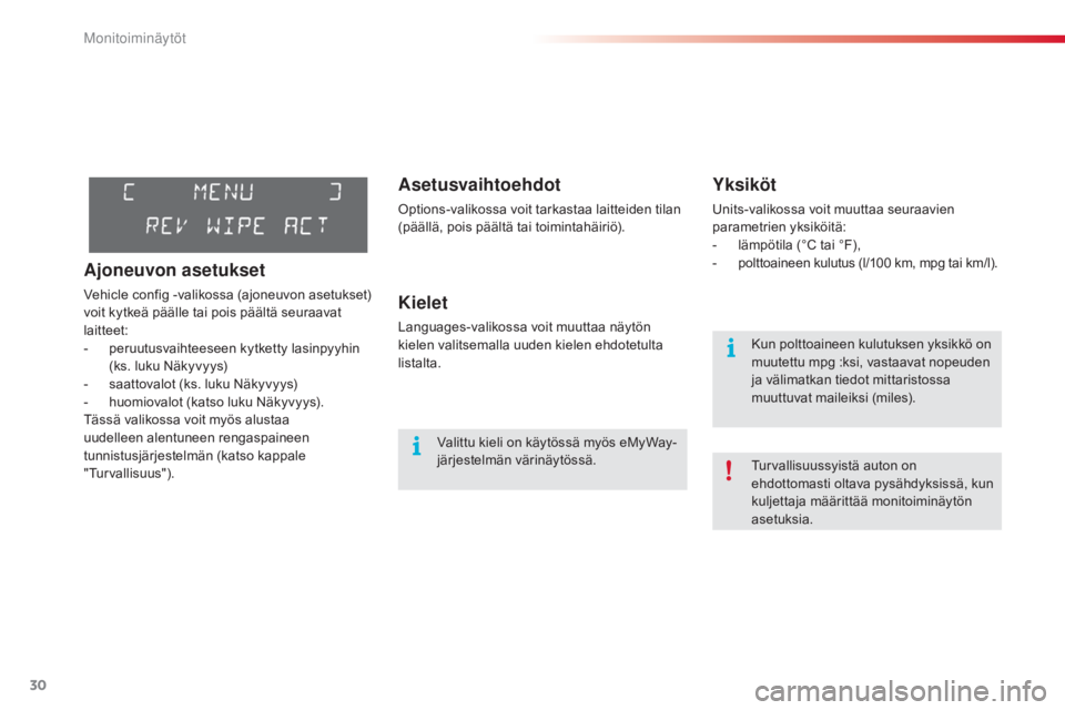 CITROEN C3 PICASSO 2015 Omistajan Käsikirjat (in Finnish) 30
C3Picasso_fi_Chap02_ecran-multifonction_ed01-2014
Asetusvaihtoehdot
Options-valikossa voit tarkastaa laitteiden tilan
(päällä, pois päältä tai toimintahäiriö).
Kielet
Languages-valikossa v CITROEN C3 PICASSO 2015 Omistajan Käsikirjat (in Finnish) 30
C3Picasso_fi_Chap02_ecran-multifonction_ed01-2014
Asetusvaihtoehdot
Options-valikossa voit tarkastaa laitteiden tilan
(päällä, pois päältä tai toimintahäiriö).
Kielet
Languages-valikossa v