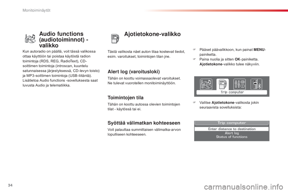CITROEN C3 PICASSO 2015 Omistajan Käsikirjat (in Finnish) 34
C3Picasso_fi_Chap02_ecran-multifonction_ed01-2014
Ajotietokone-valikko
Alert log (varoitusloki)
Tähän on koottu voimassaolevat varoitukset.
Ne tulevat vuorotellen monitoiminäyttöön. Tästä v CITROEN C3 PICASSO 2015 Omistajan Käsikirjat (in Finnish) 34
C3Picasso_fi_Chap02_ecran-multifonction_ed01-2014
Ajotietokone-valikko
Alert log (varoitusloki)
Tähän on koottu voimassaolevat varoitukset.
Ne tulevat vuorotellen monitoiminäyttöön. Tästä v