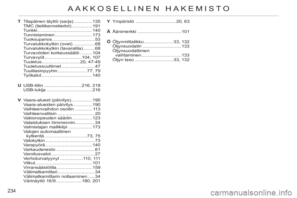 CITROEN C3 PICASSO 2012 Omistajan Käsikirjat (in Finnish) 234
AAKKOSELLINEN HAKEMISTO
T Tilapäinen täyttö (sarja) ..............135
TMC (tieliikennetiedot) ...............191
Tunkki .........................................140
Tunnistaminen .......... CITROEN C3 PICASSO 2012 Omistajan Käsikirjat (in Finnish) 234
AAKKOSELLINEN HAKEMISTO
T Tilapäinen täyttö (sarja) ..............135
TMC (tieliikennetiedot) ...............191
Tunkki .........................................140
Tunnistaminen ..........