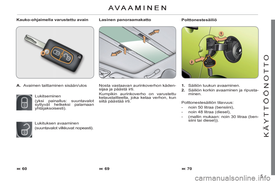 CITROEN C3 PICASSO 2012  Omistajan Käsikirjat (in Finnish) 5
KÄYTTÖÖNOTT
O
   
Kauko-ohjaimella varustettu avain 
   
 
A. 
  Avaimen taittaminen sisään/ulos  
  Lukitseminen  
(yksi painallus: suuntavalot 
syttyvät hetkeksi palamaan 
yhtäjaksoisesti).