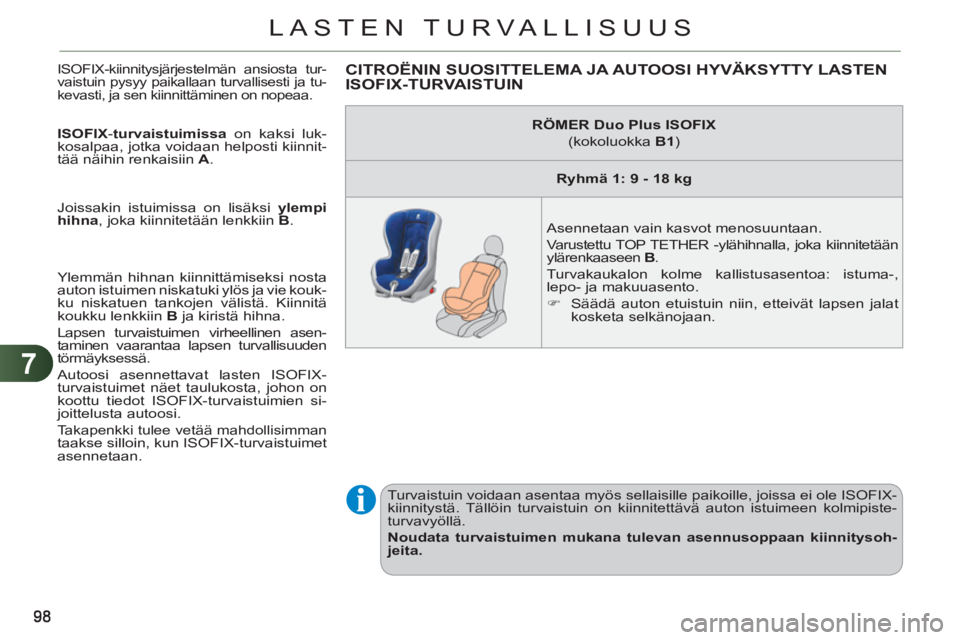 CITROEN C3 PICASSO 2012 Omistajan Käsikirjat (in Finnish) 7
LASTEN TURVALLISUUS
ISOFIX-kiinnitysjärjestelmän ansiosta tur-
vaistuin pysyy paikallaan turvallisesti ja tu-
kevasti, ja sen kiinnittäminen on nopeaa.
ISOFIX
- turvaistuimissa
on kaksi CITROEN C3 PICASSO 2012 Omistajan Käsikirjat (in Finnish) 7
LASTEN TURVALLISUUS
ISOFIX-kiinnitysjärjestelmän ansiosta tur-
vaistuin pysyy paikallaan turvallisesti ja tu-
kevasti, ja sen kiinnittäminen on nopeaa.
ISOFIX
- turvaistuimissa
on kaksi