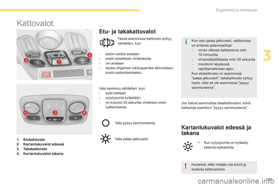 CITROEN C4 2017 Omistajan Käsikirjat (in Finnish) 105
C4-2_fi_Chap03_ergonomie-et-confort_ed02-2015
1. Etukattovalo
2. Ka rtanlukuvalot edessä
3.
Ta
kakattovalo
4.
Ka
rtanlukuvalot takana
Kattovalot
- auton lukitus avataan
- av ain poistetaan vi CITROEN C4 2017 Omistajan Käsikirjat (in Finnish) 105
C4-2_fi_Chap03_ergonomie-et-confort_ed02-2015
1. Etukattovalo
2. Ka rtanlukuvalot edessä
3.
Ta
kakattovalo
4.
Ka
rtanlukuvalot takana
Kattovalot
- auton lukitus avataan
- av ain poistetaan vi