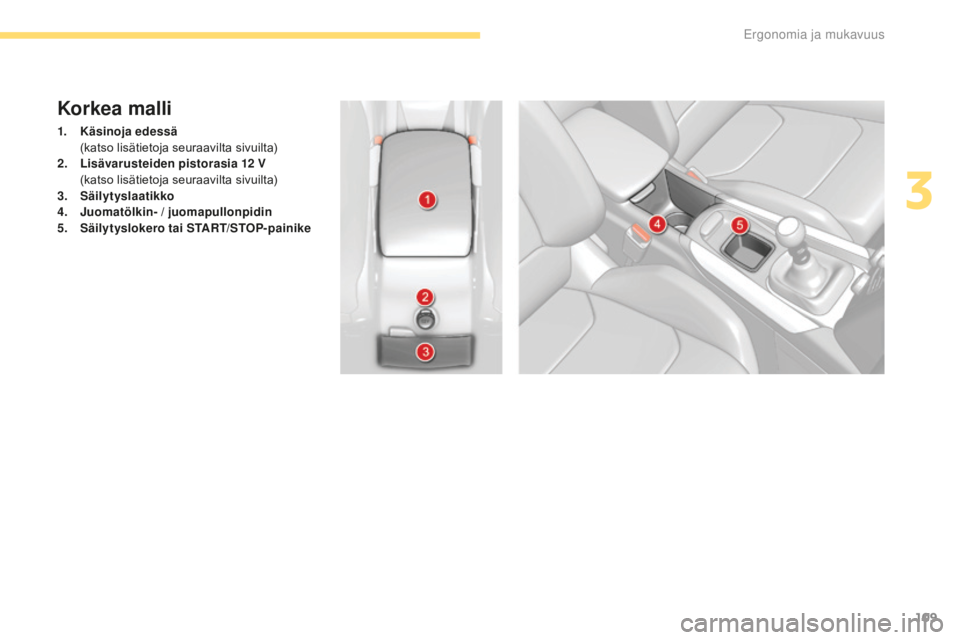 CITROEN C4 2017 Omistajan Käsikirjat (in Finnish) 109
C4-2_fi_Chap03_ergonomie-et-confort_ed02-2015
Korkea malli
1. Käsinoja edessä (k
atso lisätietoja seuraavilta sivuilta)
2.
Li
sävarusteiden pistorasia 12
V (k
atso lisätietoja seuraavil CITROEN C4 2017 Omistajan Käsikirjat (in Finnish) 109
C4-2_fi_Chap03_ergonomie-et-confort_ed02-2015
Korkea malli
1. Käsinoja edessä (k
atso lisätietoja seuraavilta sivuilta)
2.
Li
sävarusteiden pistorasia 12
V (k
atso lisätietoja seuraavil