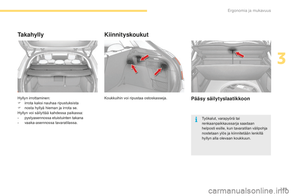 CITROEN C4 2017  Omistajan Käsikirjat (in Finnish) 119
C4-2_fi_Chap03_ergonomie-et-confort_ed02-2015
Hyllyn irrottaminen:
F irrota kaksi nauhaa ripustuksista
F
 no

sta hyllyä hieman ja irrota se.
Hyllyn voi säilyttää kahdessa paikassa:
-
 py

sty