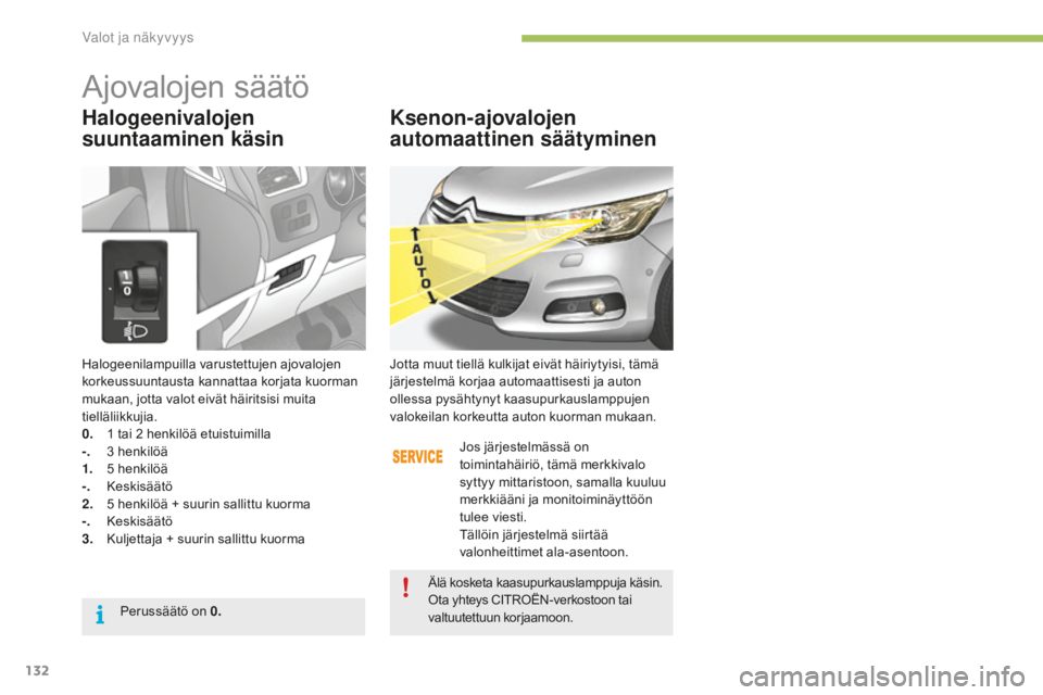 CITROEN C4 2017 Omistajan Käsikirjat (in Finnish) 132
C4-2_fi_Chap04_eclairage-et-visibilite_ed02-2015
Halogeenilampuilla varustettujen ajovalojen
korkeussuuntausta kannattaa korjata kuorman
mukaan, jotta valot eivät häiritsisi muita
tielläliik CITROEN C4 2017 Omistajan Käsikirjat (in Finnish) 132
C4-2_fi_Chap04_eclairage-et-visibilite_ed02-2015
Halogeenilampuilla varustettujen ajovalojen
korkeussuuntausta kannattaa korjata kuorman
mukaan, jotta valot eivät häiritsisi muita
tielläliik