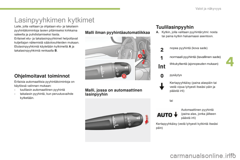 CITROEN C4 2017 Omistajan Käsikirjat (in Finnish) 135
C4-2_fi_Chap04_eclairage-et-visibilite_ed02-2015
Laite, jolla valitaan ja ohjataan etu- ja takalasin
pyyhintätoimintoja lasien pitämiseksi kirkkaina
sateella ja puhdistamiseksi liasta.
Erilais CITROEN C4 2017 Omistajan Käsikirjat (in Finnish) 135
C4-2_fi_Chap04_eclairage-et-visibilite_ed02-2015
Laite, jolla valitaan ja ohjataan etu- ja takalasin
pyyhintätoimintoja lasien pitämiseksi kirkkaina
sateella ja puhdistamiseksi liasta.
Erilais