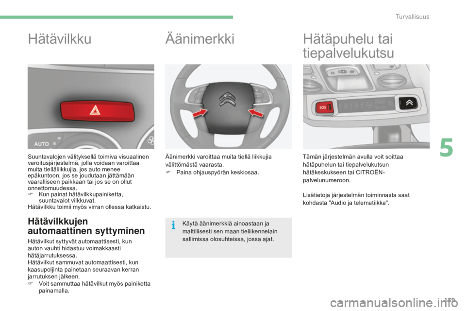 CITROEN C4 2017 Omistajan Käsikirjat (in Finnish) 139
C4-2_fi_Chap05_securite_ed02-2015
Hätävilkku
Suuntavalojen välityksellä toimiva visuaalinen
varoitusjärjestelmä, jolla voidaan varoittaa
muita tielläliikkujia, jos auto menee
epäkuntoon CITROEN C4 2017 Omistajan Käsikirjat (in Finnish) 139
C4-2_fi_Chap05_securite_ed02-2015
Hätävilkku
Suuntavalojen välityksellä toimiva visuaalinen
varoitusjärjestelmä, jolla voidaan varoittaa
muita tielläliikkujia, jos auto menee
epäkuntoon
