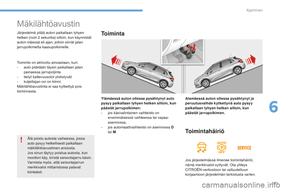 CITROEN C4 2017 Omistajan Käsikirjat (in Finnish) 191
C4-2_fi_Chap06_conduite_ed02-2015
Mäkilähtöavustin
Ylämäessä auton ollessa pysähtynyt auto
pysyy paikallaan lyhyen hetken silloin, kun
päästät jarrupolkimen:
-
jo
s käsivalintainen v CITROEN C4 2017 Omistajan Käsikirjat (in Finnish) 191
C4-2_fi_Chap06_conduite_ed02-2015
Mäkilähtöavustin
Ylämäessä auton ollessa pysähtynyt auto
pysyy paikallaan lyhyen hetken silloin, kun
päästät jarrupolkimen:
-
jo
s käsivalintainen v