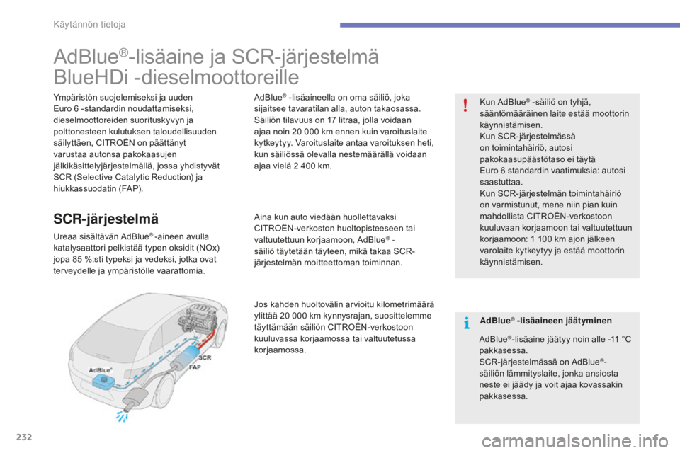 CITROEN C4 2017 Omistajan Käsikirjat (in Finnish) 232
C4-2_fi_Chap07_infos-pratiques_ed02-2015
AdBlue®-lisäaine ja SCR-järjestelmä
BlueHDi -dieselmoottoreille
Ympäristön suojelemiseksi ja uuden
Euro 6 -
standardin noudattamiseksi,
dieselmoott CITROEN C4 2017 Omistajan Käsikirjat (in Finnish) 232
C4-2_fi_Chap07_infos-pratiques_ed02-2015
AdBlue®-lisäaine ja SCR-järjestelmä
BlueHDi -dieselmoottoreille
Ympäristön suojelemiseksi ja uuden
Euro 6 -
standardin noudattamiseksi,
dieselmoott
